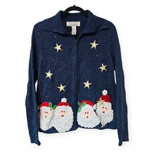 Vintage Tiara International Ugly Christmas Sweater Jacket Mr & Mrs Santa Claus